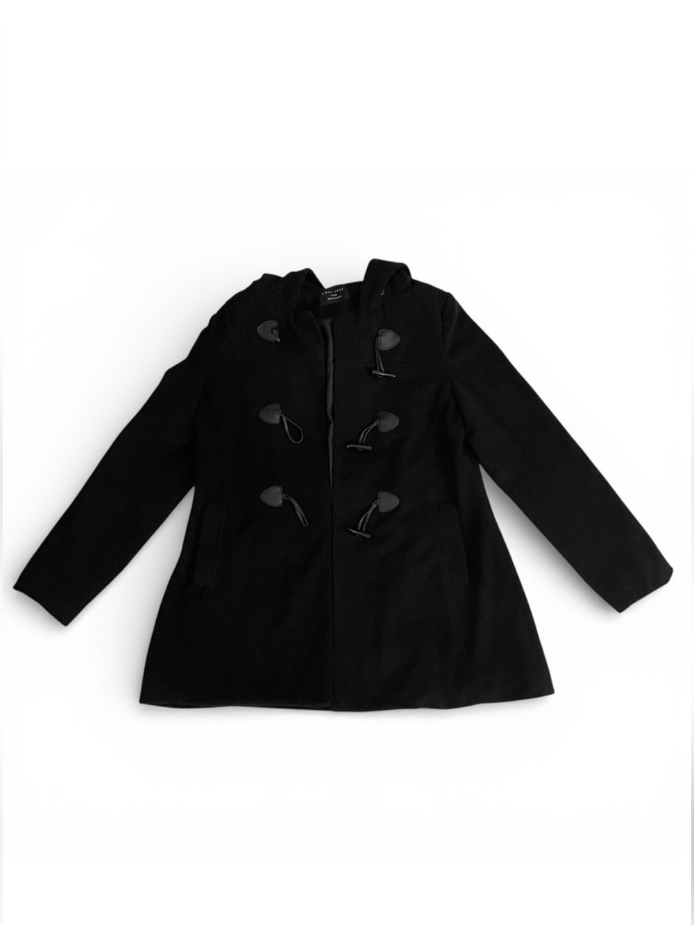 LOVE TREE Women’s Black Winter Wool Pea Coat With Hood & Toggles Size Large
